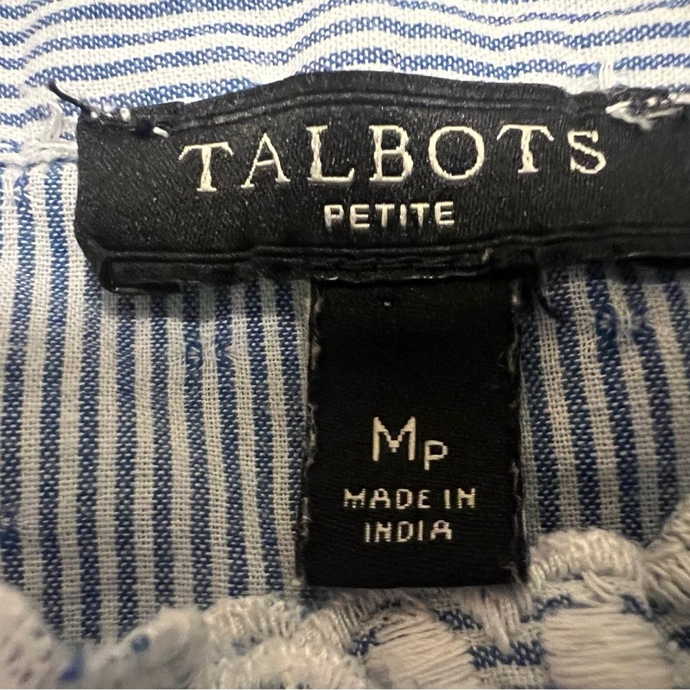 Talbots MPetite Sleeveless Striped Embroidered Ruffle Blouse Womens Blue White - Picture 6 of 6